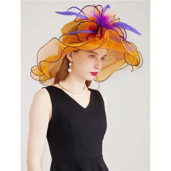 Women Organza Church Tea Party Hats Floral Orange display picture 1